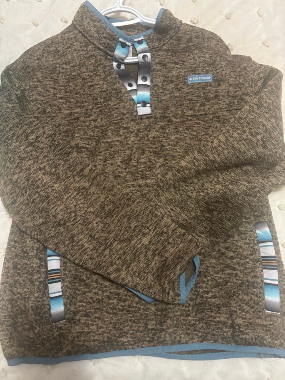Cinch youth or small women’s Brown Heather Zip-Style Sweater with Blue Trim